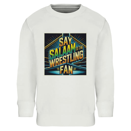 Say Salaam to the Wrestling Fan Design #1 Part-Recycled Cotton-Poly Kids Sweatshirt – White / Platinum featuring a squared-ring print in yellow, green and blue. A soft, modest sweatshirt for Muslim children who cheer through the action and play. The cotton-poly blend makes it durable, warm and breathable, ideal for weekend match nights or relaxed schooldays. This long-sleeved top fits neatly, feels light and washes easily — designed for young fans who bring faith and friendliness to every ring entrance.