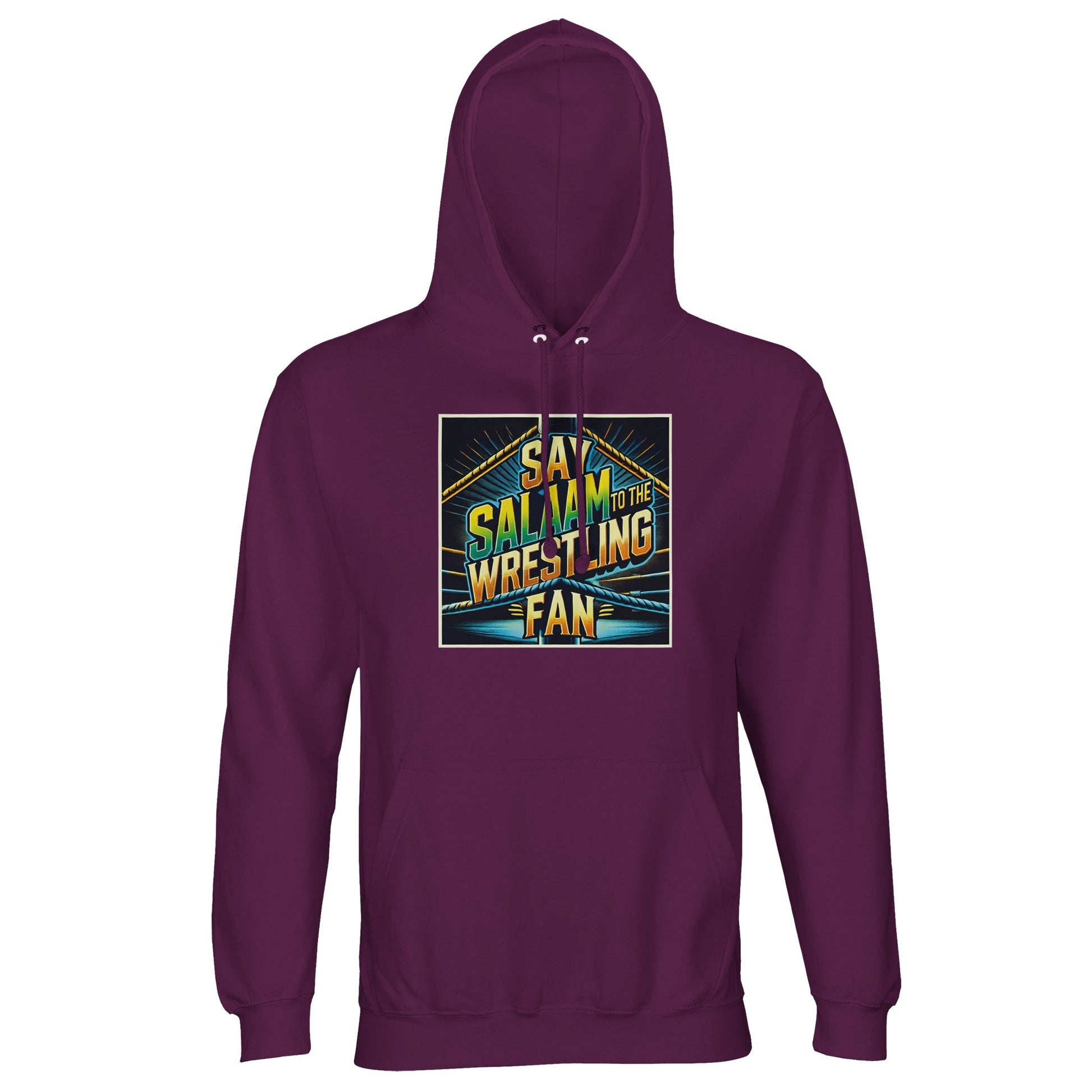 Say Salaam to the Wrestling Fan Design #1 Part-Recycled Unisex Cotton-Poly Hoodie – Astral Purple / Wine Berry. A powerful pullover for fans of suplexes, salawat, and strong statements. Designed for believers who watched WrestleMania replays after taraweeh and wore Cena merch under a jubba. Made with recycled fibres and brushed fleece warmth, this modest hoodie blends deen and drama – no branding, just raw energy and ethical fashion stitched into every prayer-ready panel.