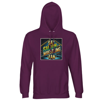 Say Salaam to the Wrestling Fan Design #1 Part-Recycled Unisex Cotton-Poly Hoodie – Astral Purple / Wine Berry. A powerful pullover for fans of suplexes, salawat, and strong statements. Designed for believers who watched WrestleMania replays after taraweeh and wore Cena merch under a jubba. Made with recycled fibres and brushed fleece warmth, this modest hoodie blends deen and drama – no branding, just raw energy and ethical fashion stitched into every prayer-ready panel.