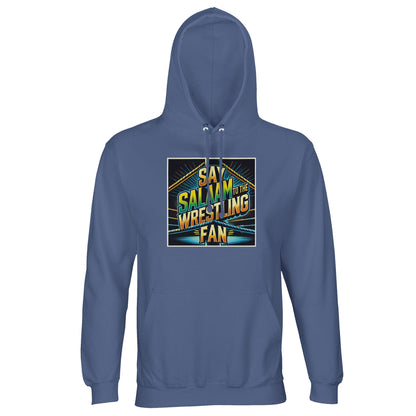 Say Salaam to the Wrestling Fan Design #1 Part-Recycled Unisex Cotton-Poly Hoodie – Blue / Marble Blue. For wrestling fans who pray on time, stream matches late, and love a classic entrance theme. This cool blue hoodie features bright, retro-styled artwork that recalls legends of Raw and real-life role models. Made from a part-recycled cotton-poly blend, it’s soft, sustainable and styled for modest wear – perfect for chill sessions, streetwear fits, or suhoor-time smackdowns.