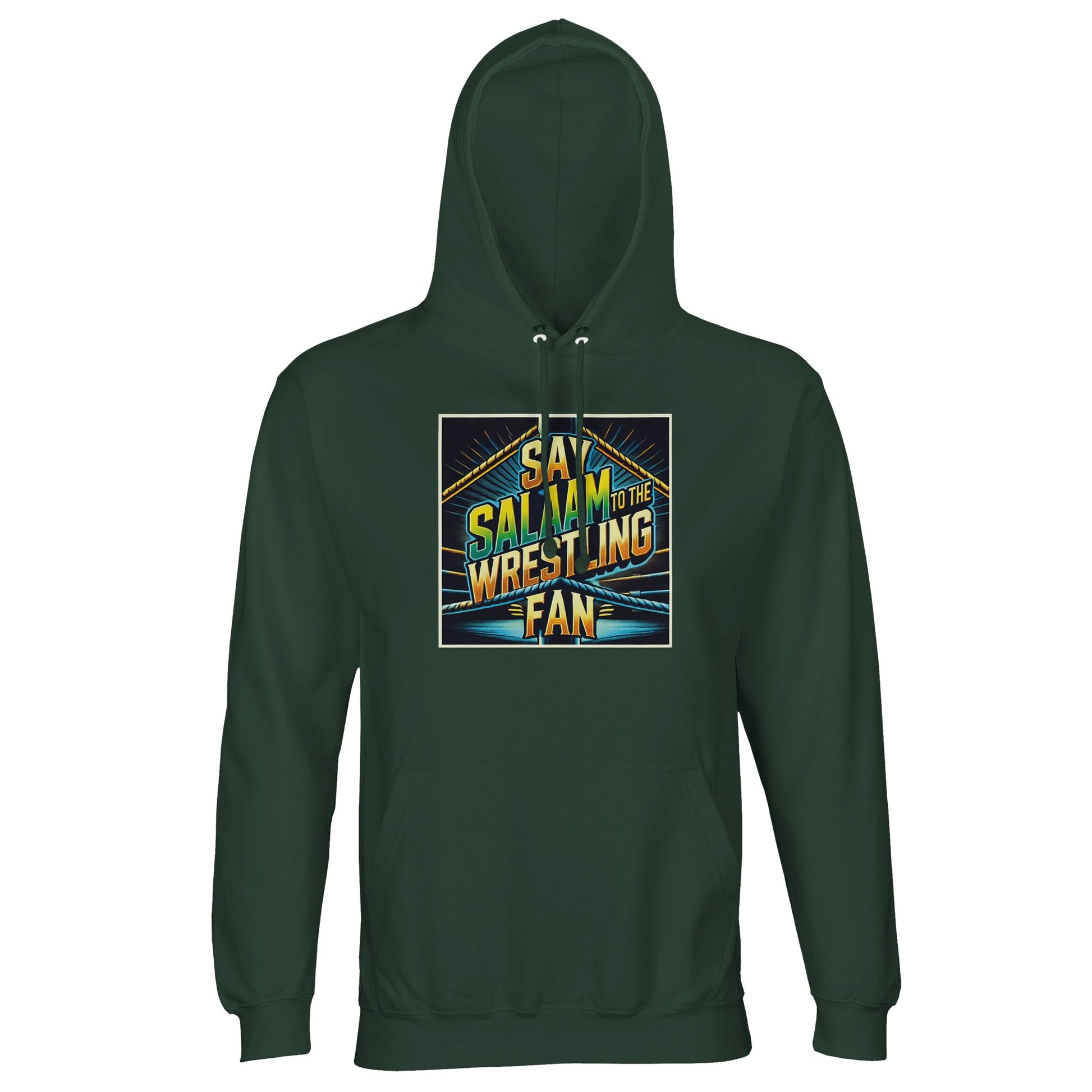 Say Salaam to the Wrestling Fan Design #1 Part-Recycled Unisex Cotton-Poly Hoodie – Bottle Green / Outer Space. This rich-toned hoodie is a tribute to faithful wrestling lovers who grew up on commentary and Quran recitations. A subtle layer with bold graphics and ethical fibres, ideal for watching tag team chaos after Taraweeh or heading to the masjid in comfort. Badge-free, sustainable, and ready for believers who body-slam with manners and keep it sunnah in the streets.