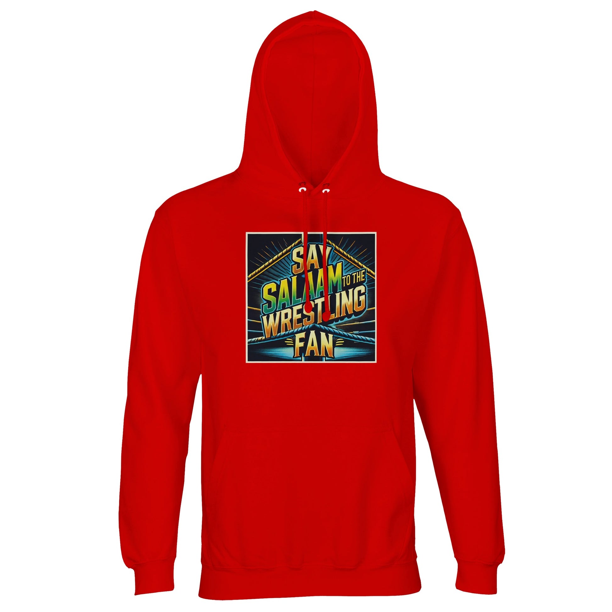 Say Salaam to the Wrestling Fan Design #1 Part-Recycled Unisex Cotton-Poly Hoodie – Bright Red / Cardinal. Loud, bold, and bursting with attitude – this modest hoodie is perfect for the fan who fasts by day and cheers high-flyers by night. Featuring a vivid graphic inspired by pro wrestling’s golden years, it’s made with soft fleece and recycled fabric. Not from the big merch store, but stitched for believers who walk the straight path – then elbow-drop into a pile of halal nachos.