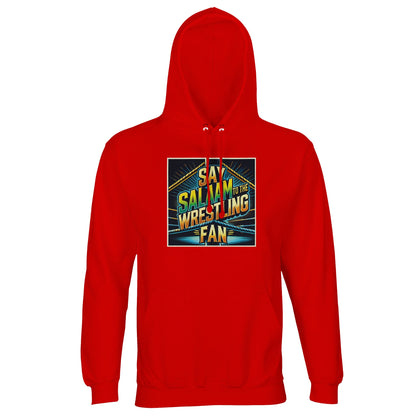 Say Salaam to the Wrestling Fan Design #1 Part-Recycled Unisex Cotton-Poly Hoodie – Bright Red / Cardinal. Loud, bold, and bursting with attitude – this modest hoodie is perfect for the fan who fasts by day and cheers high-flyers by night. Featuring a vivid graphic inspired by pro wrestling’s golden years, it’s made with soft fleece and recycled fabric. Not from the big merch store, but stitched for believers who walk the straight path – then elbow-drop into a pile of halal nachos.