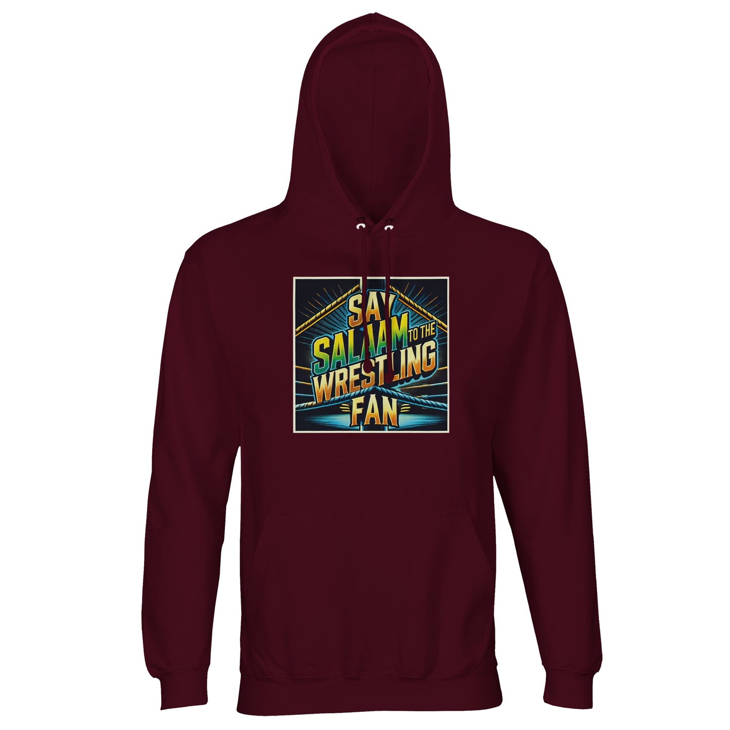 Say Salaam to the Wrestling Fan Design #1 Part-Recycled Unisex Cotton-Poly Hoodie – Burgundy / Dark Maroon. Deep-toned and attitude-heavy, this hoodie is perfect for wrestling lovers who stay rooted in deen while diving off top ropes in spirit. With powerful retro graphics and a modest, fleece-lined finish, this pullover blends old-school grappling pride with spiritual purpose. Crafted from recycled cotton-poly, it’s ideal for suhoor showdowns, ring walk dreams, and righteous rumble energy.