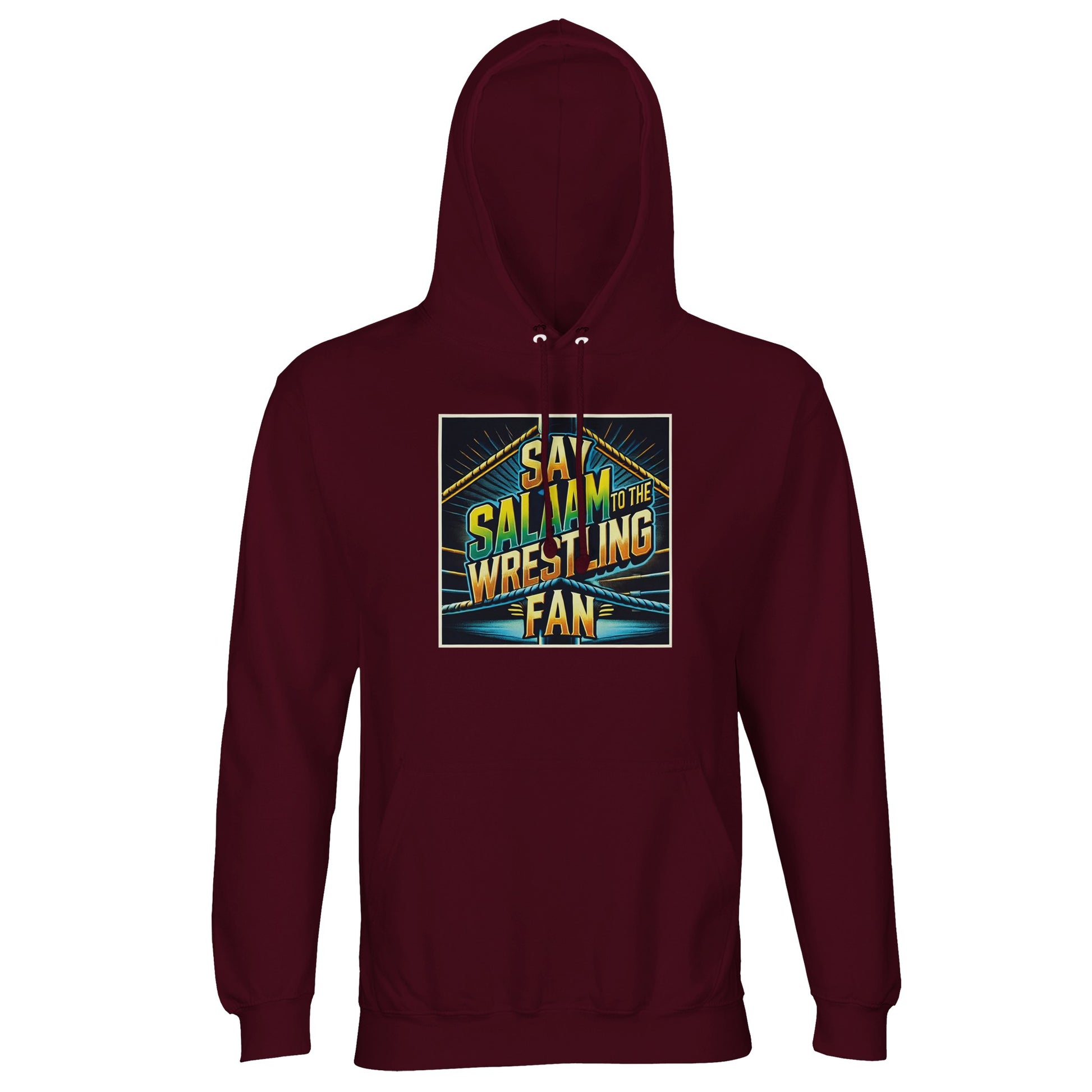 Say Salaam to the Wrestling Fan Design #1 Part-Recycled Unisex Cotton-Poly Hoodie – Burgundy / Dark Maroon. Deep-toned and attitude-heavy, this hoodie is perfect for wrestling lovers who stay rooted in deen while diving off top ropes in spirit. With powerful retro graphics and a modest, fleece-lined finish, this pullover blends old-school grappling pride with spiritual purpose. Crafted from recycled cotton-poly, it’s ideal for suhoor showdowns, ring walk dreams, and righteous rumble energy.