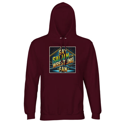 Say Salaam to the Wrestling Fan Design #1 Part-Recycled Unisex Cotton-Poly Hoodie – Burgundy / Dark Maroon. Deep-toned and attitude-heavy, this hoodie is perfect for wrestling lovers who stay rooted in deen while diving off top ropes in spirit. With powerful retro graphics and a modest, fleece-lined finish, this pullover blends old-school grappling pride with spiritual purpose. Crafted from recycled cotton-poly, it’s ideal for suhoor showdowns, ring walk dreams, and righteous rumble energy.