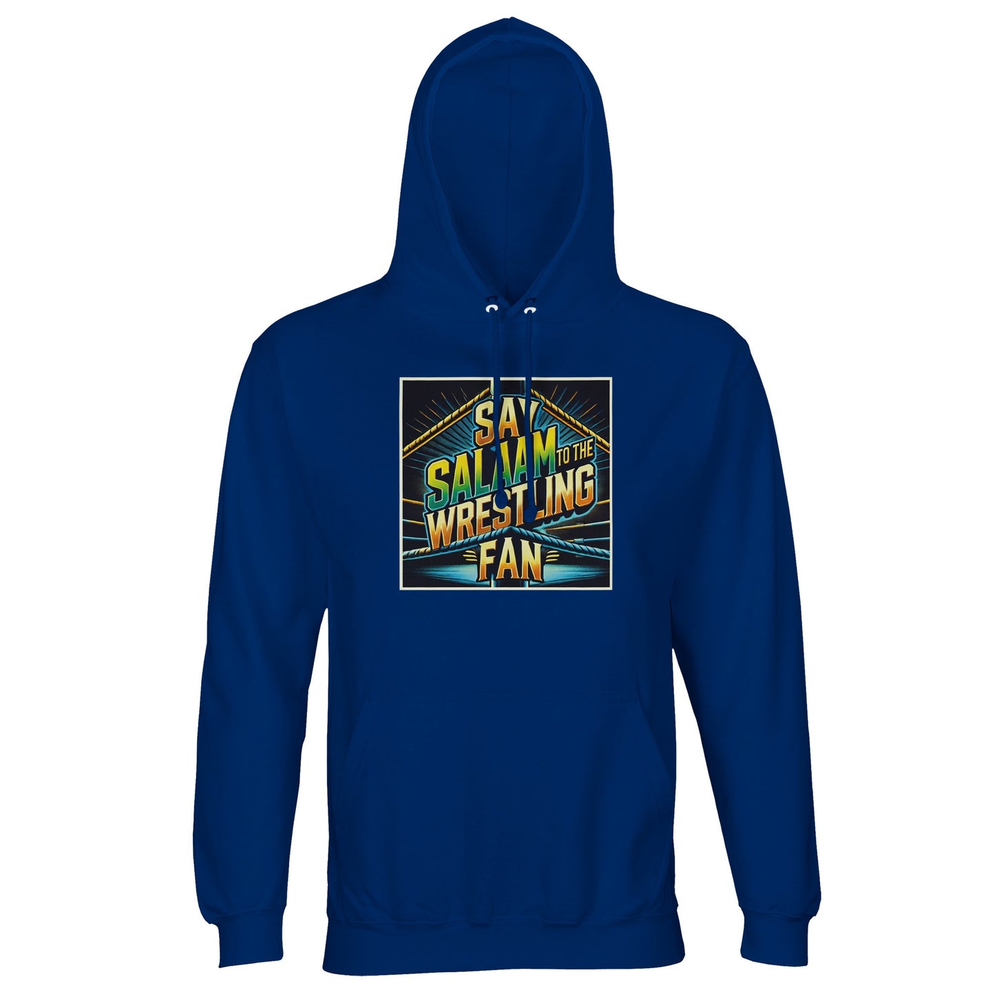 Say Salaam to the Wrestling Fan Design #1 Part-Recycled Unisex Cotton-Poly Hoodie – Royal Blue / Midnight. As bold as a steel cage match, as deep as a Jummah khutbah. This hoodie suits fans who remember tag-team classics, pray before kickouts, and still rock wrestling belts on Eid. Featuring a bright retro graphic on a clean blue base, it’s modest, warm, and built from sustainable fibres. Designed for fans who love their deen, defend the Sunnah, and shout “Bismillah!” before every flying elbow.