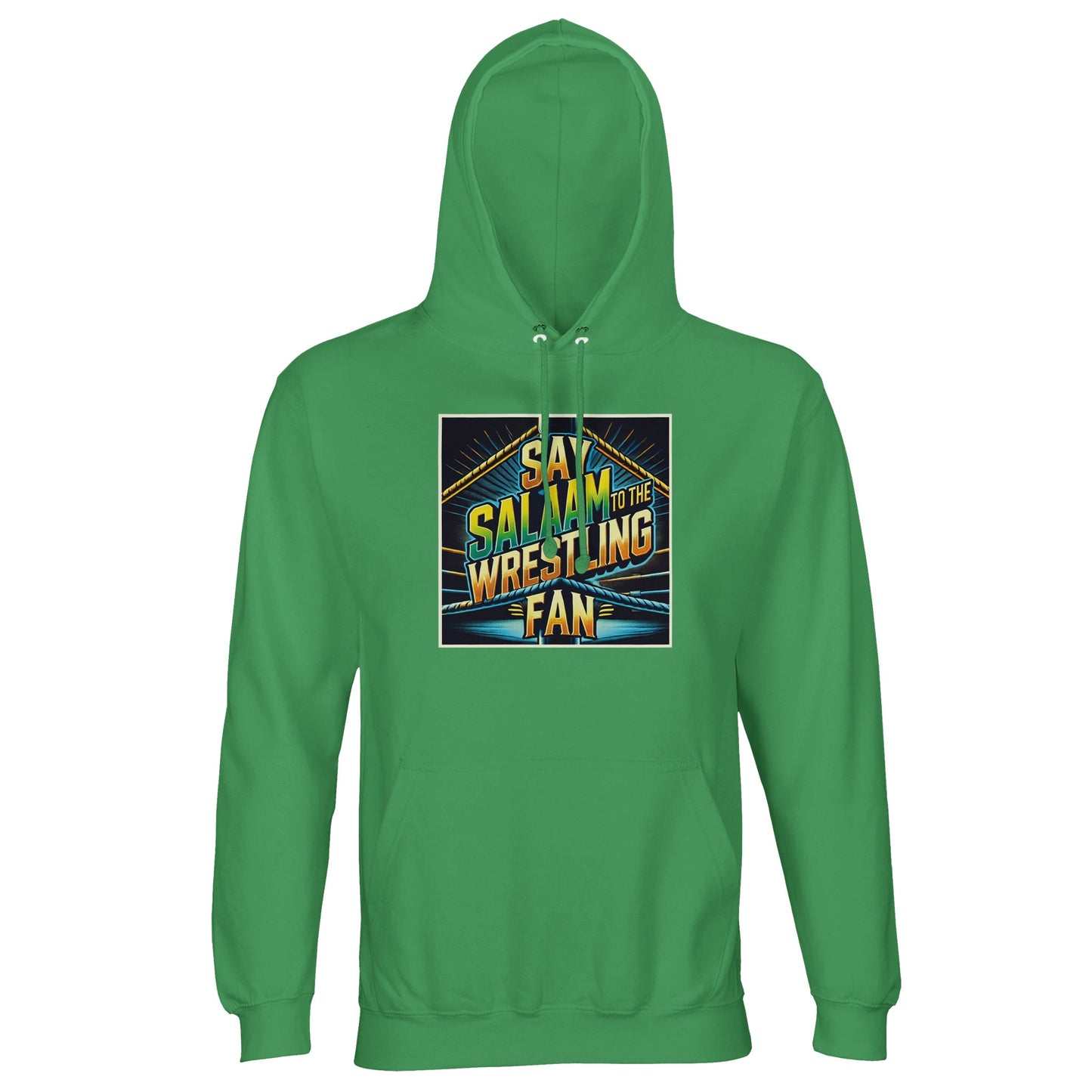 Say Salaam to the Wrestling Fan Design #1 Part-Recycled Unisex Cotton-Poly Hoodie – Spring Green / Sea Green. For fans who body slam with iman and flex before fajr. This bold, colourful hoodie features retro wrestling graphics, perfect for streaming SmackDown or ECW reruns between prayers. Made with 80% cotton, 20% GRS-certified recycled polyester for warm, modest comfort. A faith-first, badge-free look not found at the arena merch stand – just deen, drama, and dropkicks stitched in.