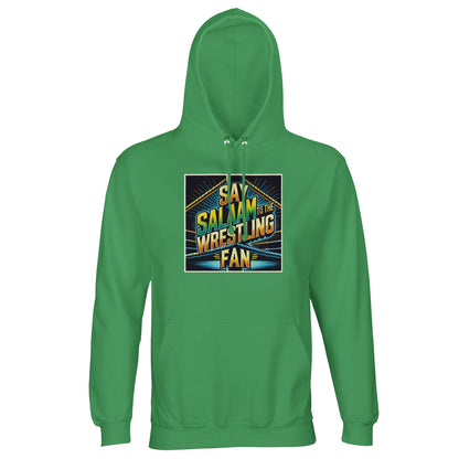 Say Salaam to the Wrestling Fan Design #1 Part-Recycled Unisex Cotton-Poly Hoodie – Spring Green / Sea Green. For fans who body slam with iman and flex before fajr. This bold, colourful hoodie features retro wrestling graphics, perfect for streaming SmackDown or ECW reruns between prayers. Made with 80% cotton, 20% GRS-certified recycled polyester for warm, modest comfort. A faith-first, badge-free look not found at the arena merch stand – just deen, drama, and dropkicks stitched in.