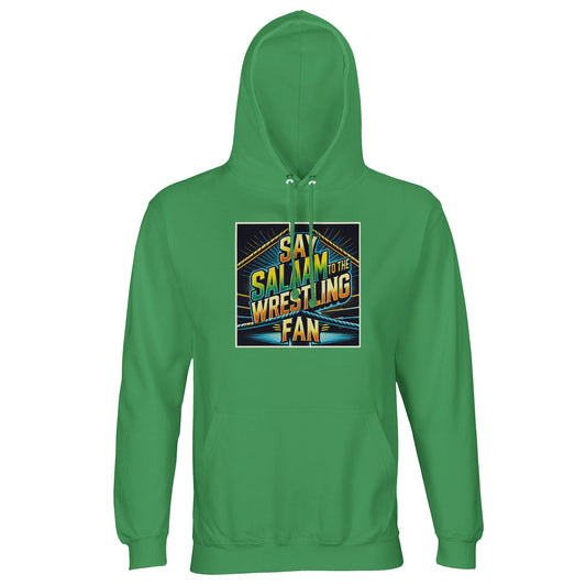 Say Salaam to the Wrestling Fan Design #1 Part-Recycled Unisex Cotton-Poly Hoodie – Spring Green / Sea Green. For fans who body slam with iman and flex before fajr. This bold, colourful hoodie features retro wrestling graphics, perfect for streaming SmackDown or ECW reruns between prayers. Made with 80% cotton, 20% GRS-certified recycled polyester for warm, modest comfort. A faith-first, badge-free look not found at the arena merch stand – just deen, drama, and dropkicks stitched in.