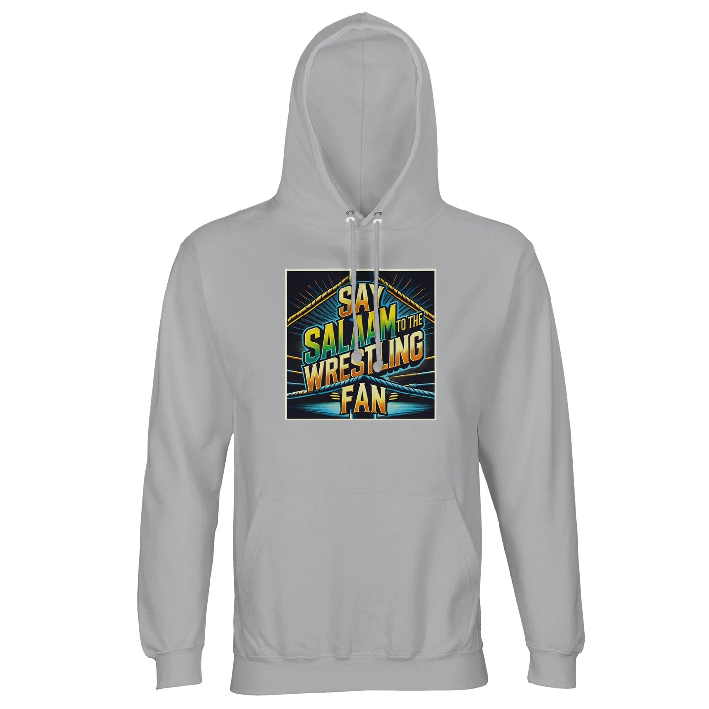 Say Salaam to the Wrestling Fan Design #1 Part-Recycled Unisex Cotton-Poly Hoodie (light) – Ash / Silver Chalice featuring a bold squared-ring graphic in yellow, blue and green. A soft, modest hooded top made for Muslim wrestling fanatics who enjoy WWE, AEW and NJPW while keeping it halal. Made from a sustainable blend of cotton and recycled polyester, it’s durable, breathable and fair priced. With brushed fleece for warmth, it’s perfect Salaam energy for streetwear, match nights or weekend comfort.
