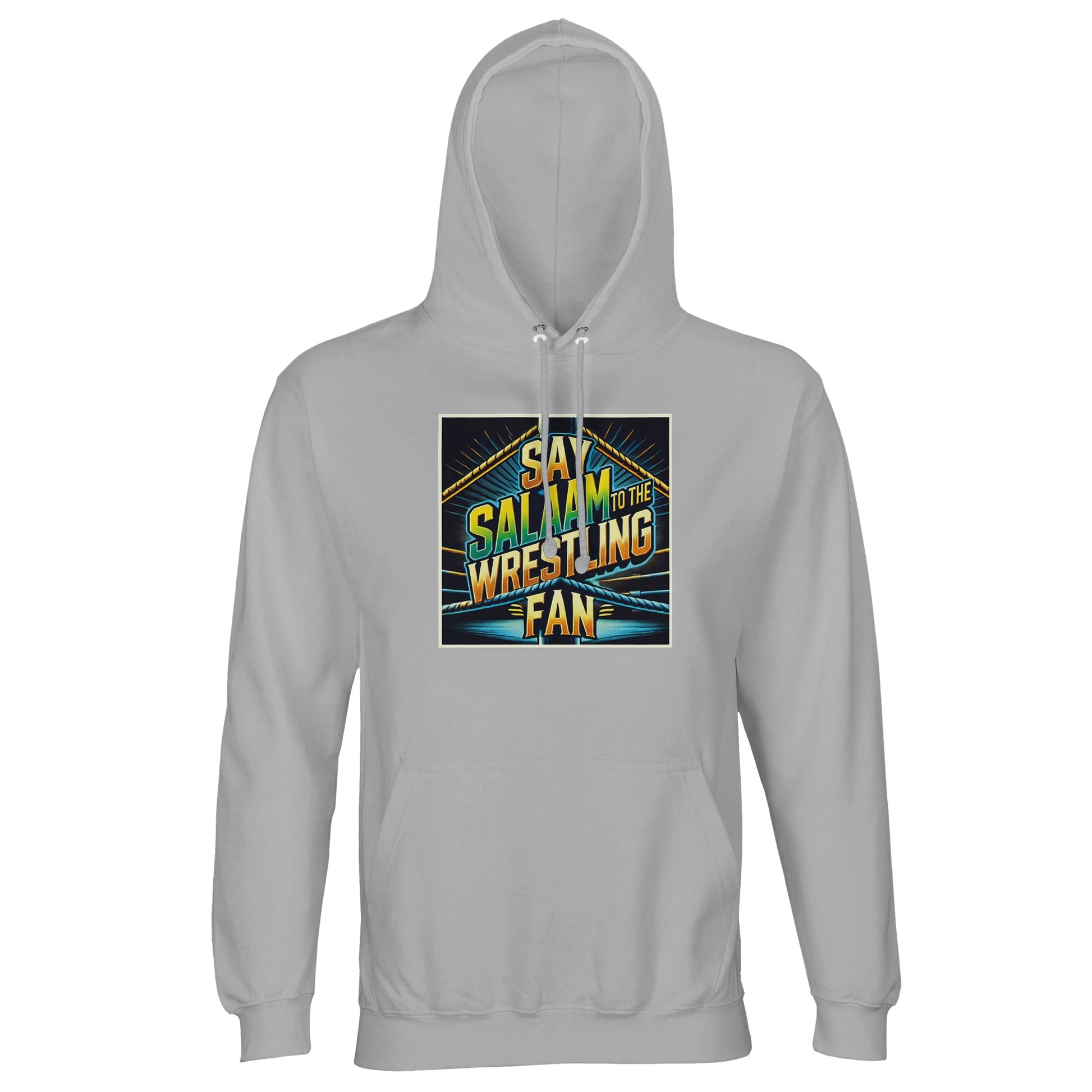 Say Salaam to the Wrestling Fan Design #1 Part-Recycled Unisex Cotton-Poly Hoodie (light) – Ash / Silver Chalice featuring a bold squared-ring graphic in yellow, blue and green. A soft, modest hooded top made for Muslim wrestling fanatics who enjoy WWE, AEW and NJPW while keeping it halal. Made from a sustainable blend of cotton and recycled polyester, it’s durable, breathable and fair priced. With brushed fleece for warmth, it’s perfect Salaam energy for streetwear, match nights or weekend comfort.