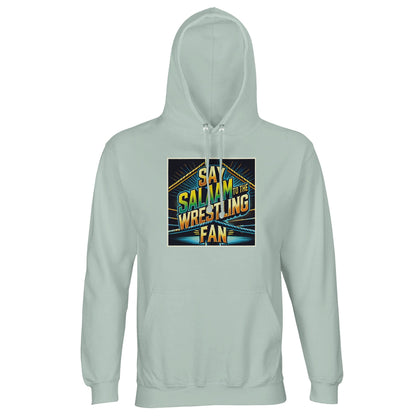 Say Salaam to the Wrestling Fan Design #1 Part-Recycled Unisex Cotton-Poly Hoodie (light) – Creamy Green / Greenish Grey featuring a retro squared-ring print in yellow, teal and blue. Designed for modest Muslim wrestling fans who follow sports and faith. The eco-friendly brushed fleece keeps it soft and substantial, ideal for cool weather or daily wear. Ethically priced, and culture-driven, this hooded top connects modesty and motion — sustainable style for every believer who still loves a title bout.