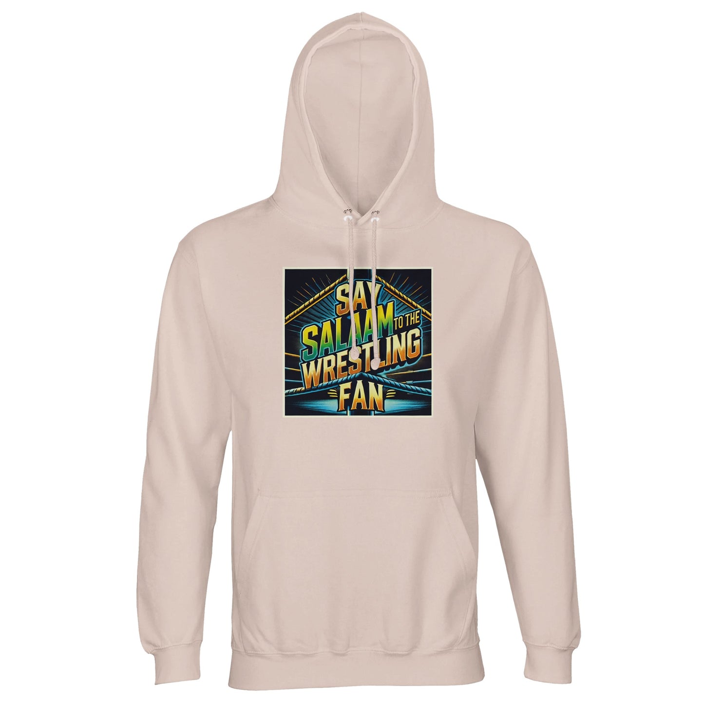 Say Salaam to the Wrestling Fan Design #1 Part-Recycled Unisex Cotton-Poly Hoodie (light) – Creamy Pink / Oyster Pink featuring a vibrant squared-ring print in yellow, blue and green. Crafted for modest, Muslim wrestling fans who value peace and play. Made from cotton-poly fleece for softness and strength, it’s breathable, durable and unisex. Perfect for everyday wear, post-gym relaxation or stadium nights. Ethical, sponsor-free and modestly stylish — the perfect mix of faith, fandom and fun.