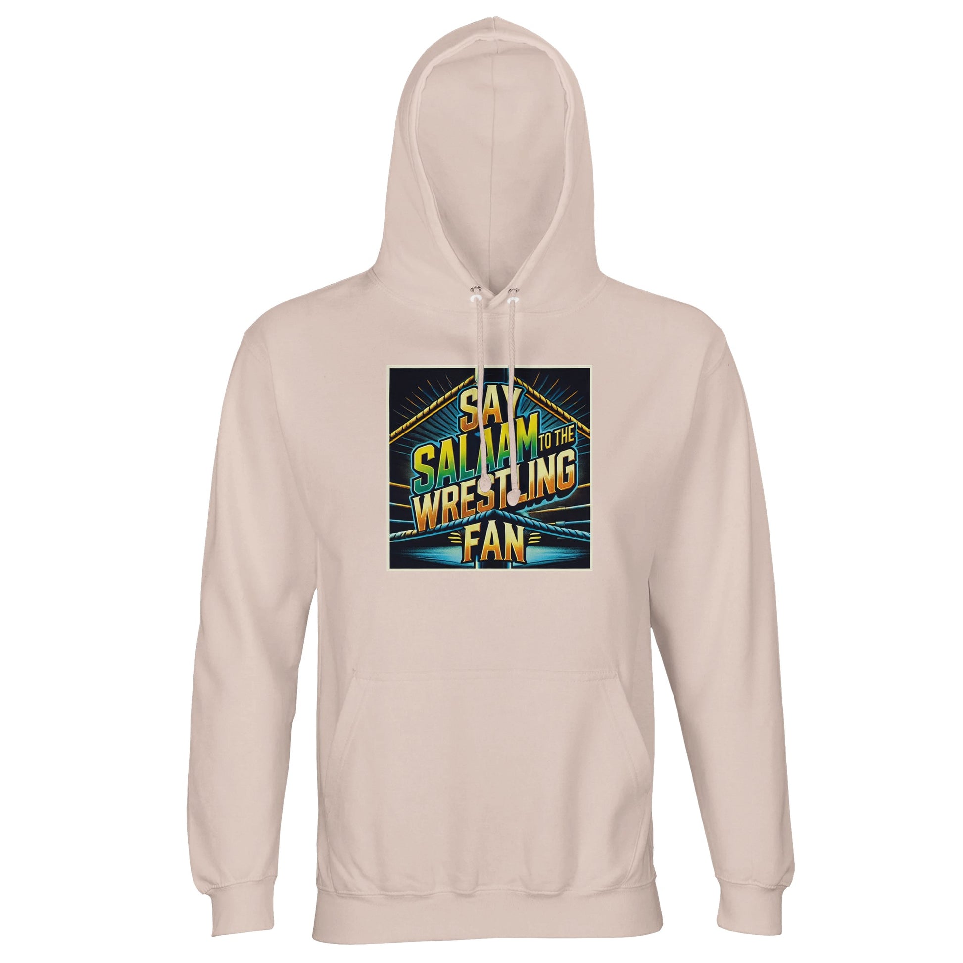 Say Salaam to the Wrestling Fan Design #1 Part-Recycled Unisex Cotton-Poly Hoodie (light) – Creamy Pink / Oyster Pink featuring a vibrant squared-ring print in yellow, blue and green. Crafted for modest, Muslim wrestling fans who value peace and play. Made from cotton-poly fleece for softness and strength, it’s breathable, durable and unisex. Perfect for everyday wear, post-gym relaxation or stadium nights. Ethical, sponsor-free and modestly stylish — the perfect mix of faith, fandom and fun.