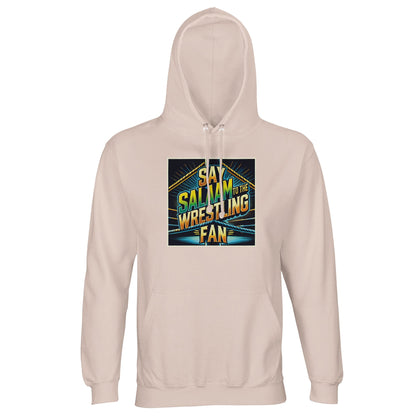Say Salaam to the Wrestling Fan Design #1 Part-Recycled Unisex Cotton-Poly Hoodie (light) – Creamy Pink / Oyster Pink featuring a vibrant squared-ring print in yellow, blue and green. Crafted for modest, Muslim wrestling fans who value peace and play. Made from cotton-poly fleece for softness and strength, it’s breathable, durable and unisex. Perfect for everyday wear, post-gym relaxation or stadium nights. Ethical, sponsor-free and modestly stylish — the perfect mix of faith, fandom and fun.