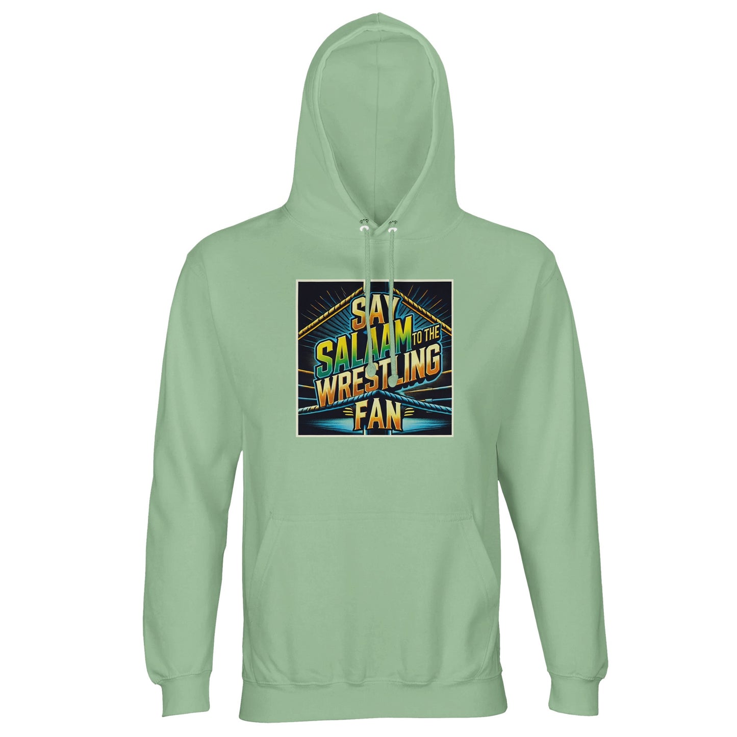 Say Salaam to the Wrestling Fan Design #1 Part-Recycled Unisex Cotton-Poly Hoodie (light) – Frozen Green / Opal featuring a squared-ring emblem in teal, yellow and black with bold text. Made from eco-conscious cotton-poly fleece for comfort and warmth, it’s ideal for Muslim wrestling fans who value ethics and energy alike. Modest, breathable and versatile for gym days, prayer breaks or casual wear. A durable hooded top at a good price — wrestling fandom reimagined through peace and sustainability.