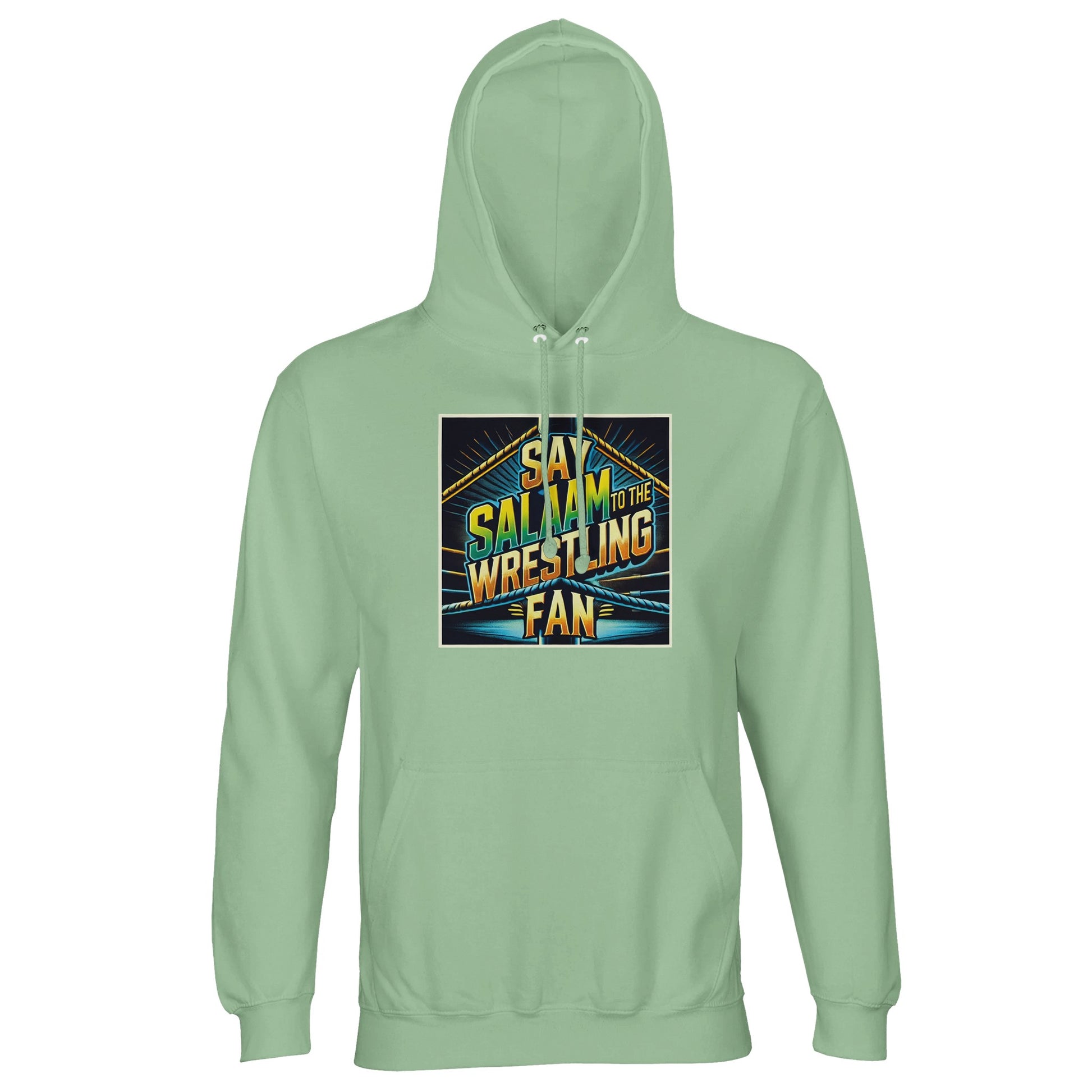 Say Salaam to the Wrestling Fan Design #1 Part-Recycled Unisex Cotton-Poly Hoodie (light) – Frozen Green / Opal featuring a squared-ring emblem in teal, yellow and black with bold text. Made from eco-conscious cotton-poly fleece for comfort and warmth, it’s ideal for Muslim wrestling fans who value ethics and energy alike. Modest, breathable and versatile for gym days, prayer breaks or casual wear. A durable hooded top at a good price — wrestling fandom reimagined through peace and sustainability.
