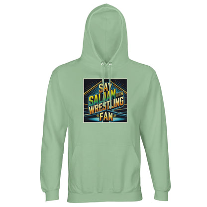 Say Salaam to the Wrestling Fan Design #1 Part-Recycled Unisex Cotton-Poly Hoodie (light) – Frozen Green / Opal featuring a squared-ring emblem in teal, yellow and black with bold text. Made from eco-conscious cotton-poly fleece for comfort and warmth, it’s ideal for Muslim wrestling fans who value ethics and energy alike. Modest, breathable and versatile for gym days, prayer breaks or casual wear. A durable hooded top at a good price — wrestling fandom reimagined through peace and sustainability.