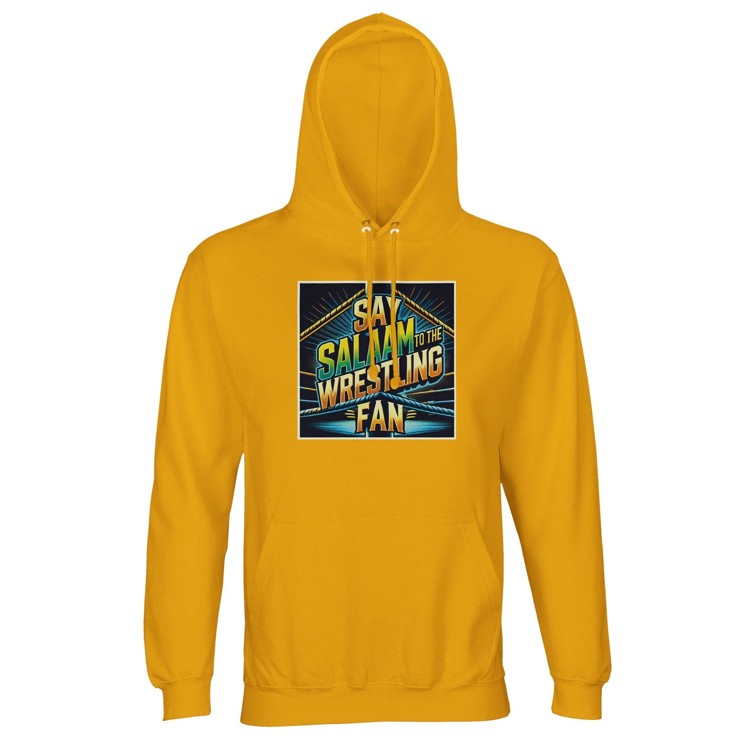 Say Salaam to the Wrestling Fan Design #1 Part-Recycled Unisex Cotton-Poly Hoodie (light) – Gold / Gamboge featuring a vivid wrestling-poster print with green, teal and blue tones. This halal-friendly, unisex hoodie blends modest sports fashion with sustainable ethics. Soft brushed fleece keeps you warm through prayer breaks or cold nights. A relaxed, street-ready layer for Muslim fans who love ring entrances and fair play. Ethically made, and fairly priced — the perfect fusion of faith, fandom and comfort.