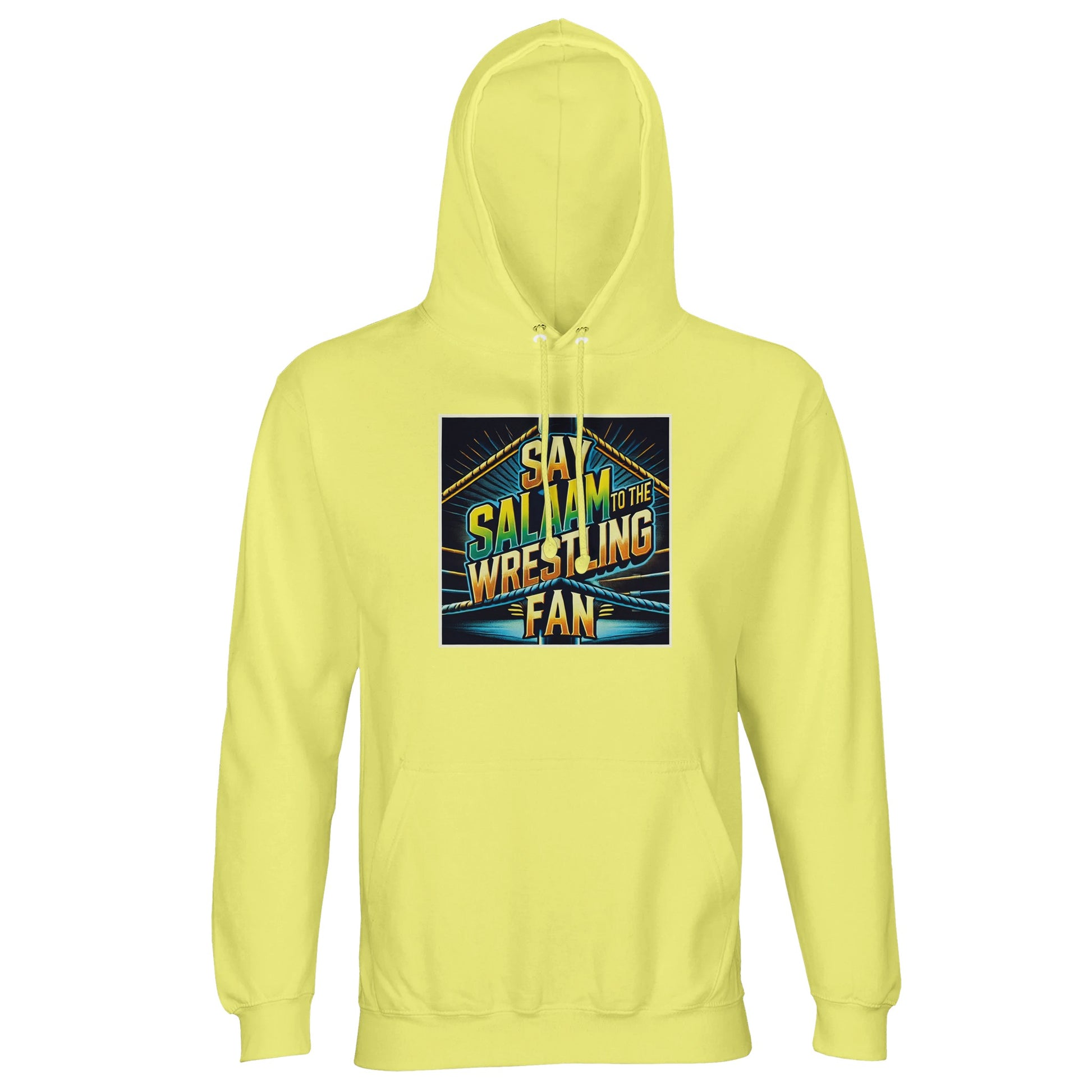 Say Salaam to the Wrestling Fan Design #1 Part-Recycled Unisex Cotton-Poly Hoodie (light) – Light Yellow / Lemon Chiffon with a colourful squared-ring graphic and bright stacked type. A comfortable, sustainable hooded top made from cotton-poly fleece, designed for modest wear and relaxed style. For Muslim wrestling enthusiasts who like loud arenas, it’s a fair-priced favourite for daily wear, layering or late-night streams. Sustainable, ethical and faith-positive sportswear built to last.
