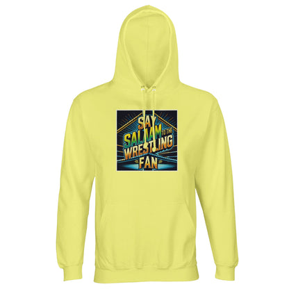 Say Salaam to the Wrestling Fan Design #1 Part-Recycled Unisex Cotton-Poly Hoodie (light) – Light Yellow / Lemon Chiffon with a colourful squared-ring graphic and bright stacked type. A comfortable, sustainable hooded top made from cotton-poly fleece, designed for modest wear and relaxed style. For Muslim wrestling enthusiasts who like loud arenas, it’s a fair-priced favourite for daily wear, layering or late-night streams. Sustainable, ethical and faith-positive sportswear built to last.