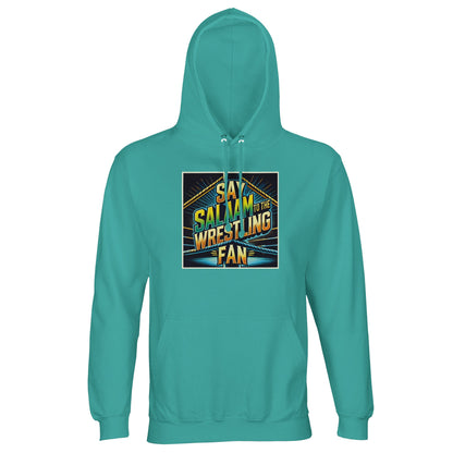 Say Salaam to the Wrestling Fan Design #1 Part-Recycled Unisex Cotton-Poly Hoodie (light) – Pool Blue / Light Sea Green featuring a vibrant ring-square design with stacked wrestling text. Soft, sustainable and stylish, this unisex hooded top celebrates modesty and energy. Perfect for Muslim wrestling fans who follow live matches and post-match prayers. Made from eco-conscious fleece for breathable warmth, it’s practical, faith-positive and fairly priced — a unique streetwear piece.