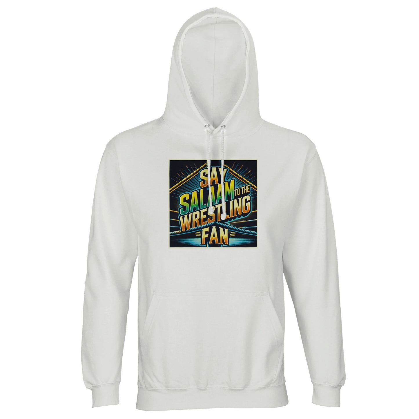 Say Salaam to the Wrestling Fan Design #1 Part-Recycled Unisex Cotton-Poly Hoodie (light) – White / Platinum featuring vibrant wrestling-ring artwork in bold teal, green and gold. Designed for Muslim fans who follow RAW, AEW or NJPW yet value modesty and ethics. Crafted from sustainable cotton-poly fleece with a lined hood and tone-on-tone drawstrings, it’s soft, breathable and strong. A unisex hooded top made to last, mixing arena flair with calm confidence - for those who say Salaam before every slam.