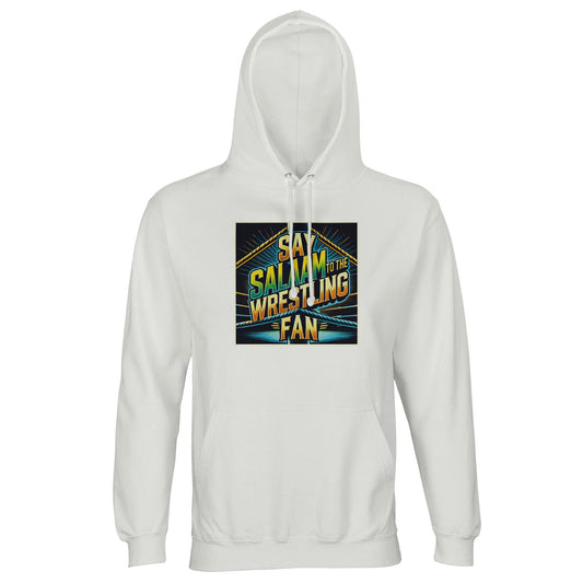 Say Salaam to the Wrestling Fan Design #1 Part-Recycled Unisex Cotton-Poly Hoodie (light) – White / Platinum featuring vibrant wrestling-ring artwork in bold teal, green and gold. Designed for Muslim fans who follow RAW, AEW or NJPW yet value modesty and ethics. Crafted from sustainable cotton-poly fleece with a lined hood and tone-on-tone drawstrings, it’s soft, breathable and strong. A unisex hooded top made to last, mixing arena flair with calm confidence - for those who say Salaam before every slam.