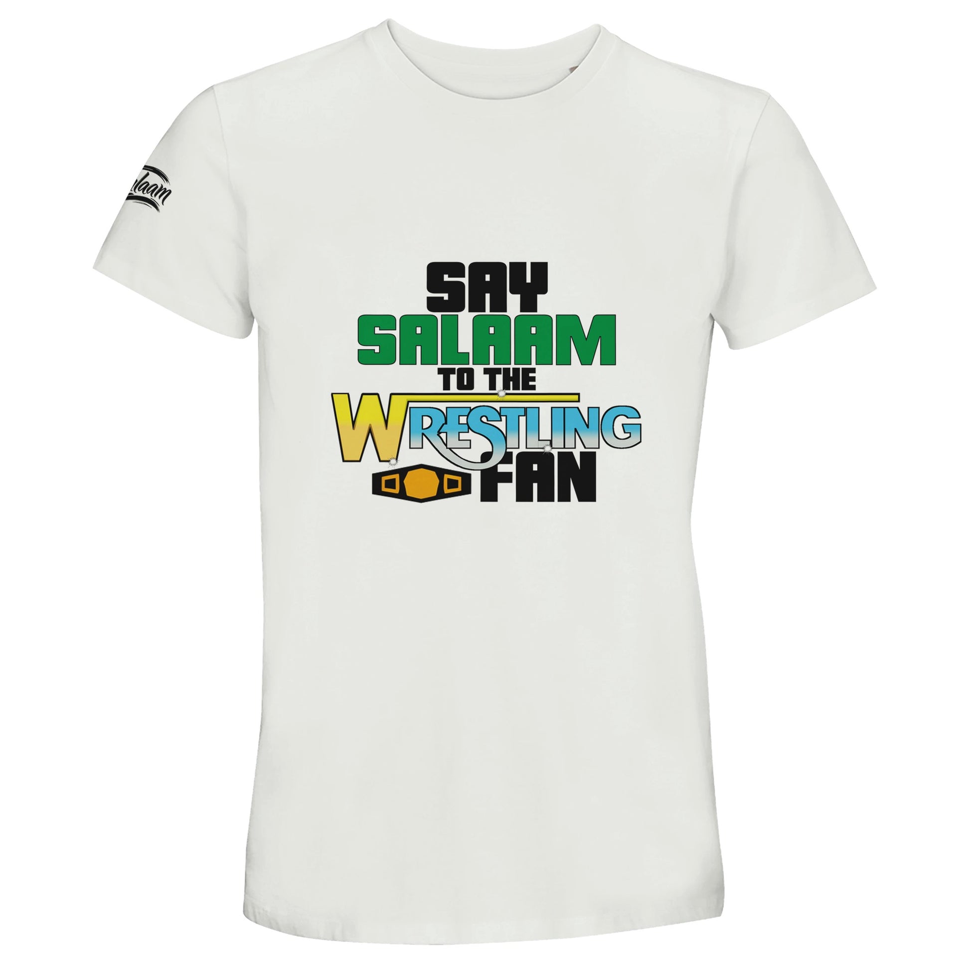 Say Salaam to the Wrestling Fan Original 50% Recycled Unisex Cotton T-Shirt – White / Platinum featuring bold, text-based design in Black, La Salle Green, and old school WWF-style in Fountain Blue, Silver and Barberry with an orange gold championship belt. A graphic tee made for fans of DX, NWO, World Wrestling Federation and WWE eras – from Hulk Hogan and Austin 3:16 to Roman Reigns and John Cena. The wrestling tee, t-shirt, streetwear, casual top, crew neck. Gifts for wrestling fans, Muslim or not.