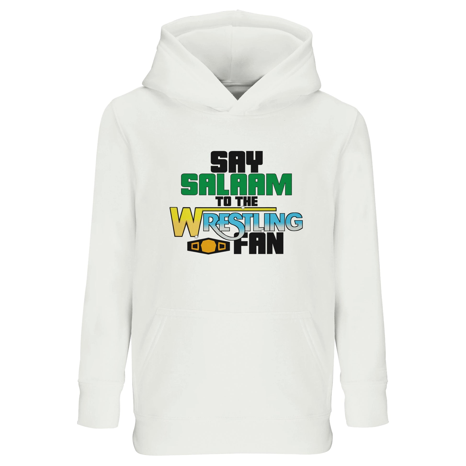 Say Salaam to the Wrestling Fan Original Part-Recycled Cotton-Poly Kids Hoodie – White / Platinum featuring bold, text-based design in Black, La Salle Green, and old school wrestling Fountain Blue, Barberry and Silver with an orange gold championship belt. A children’s wrestling hoodie, jumper with hood, or kids sweatshirt for fans of DX, NWO, WWF, WWE – from Hulk Hogan to Roman Reigns. The wrestling top youth wear as streetwear or casual. Gifts for wrestling fans, Muslim or not – Eid, birthdays, Xmas.
