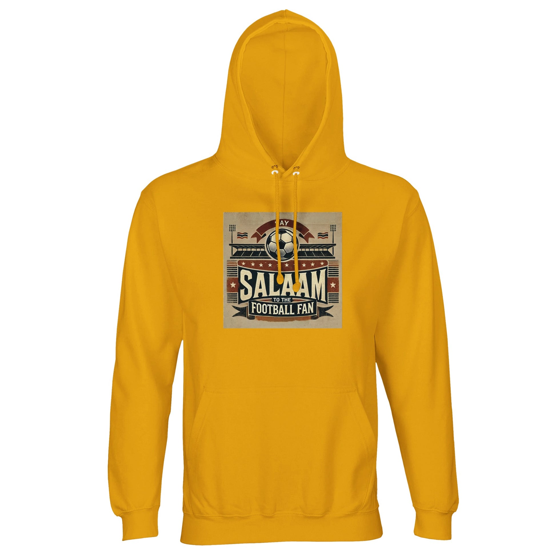 Say Salaam to the Football Fan Design #11 Part-Recycled Unisex Cotton-Poly Hoodie – Gold / Gamboge featuring vintage matchday artwork in muted tan, black, and red tones with a stadium scene, bold ‘Salaam’ lettering, flags, and a matchball. A standout hoodie for football lovers who chase goals, remember kits, debate VAR, and follow the UCL, EPL, and Saudi League. Graphic pullover, modest streetwear, sustainable football fan hoodie made for real supporters - on matchdays or replays.