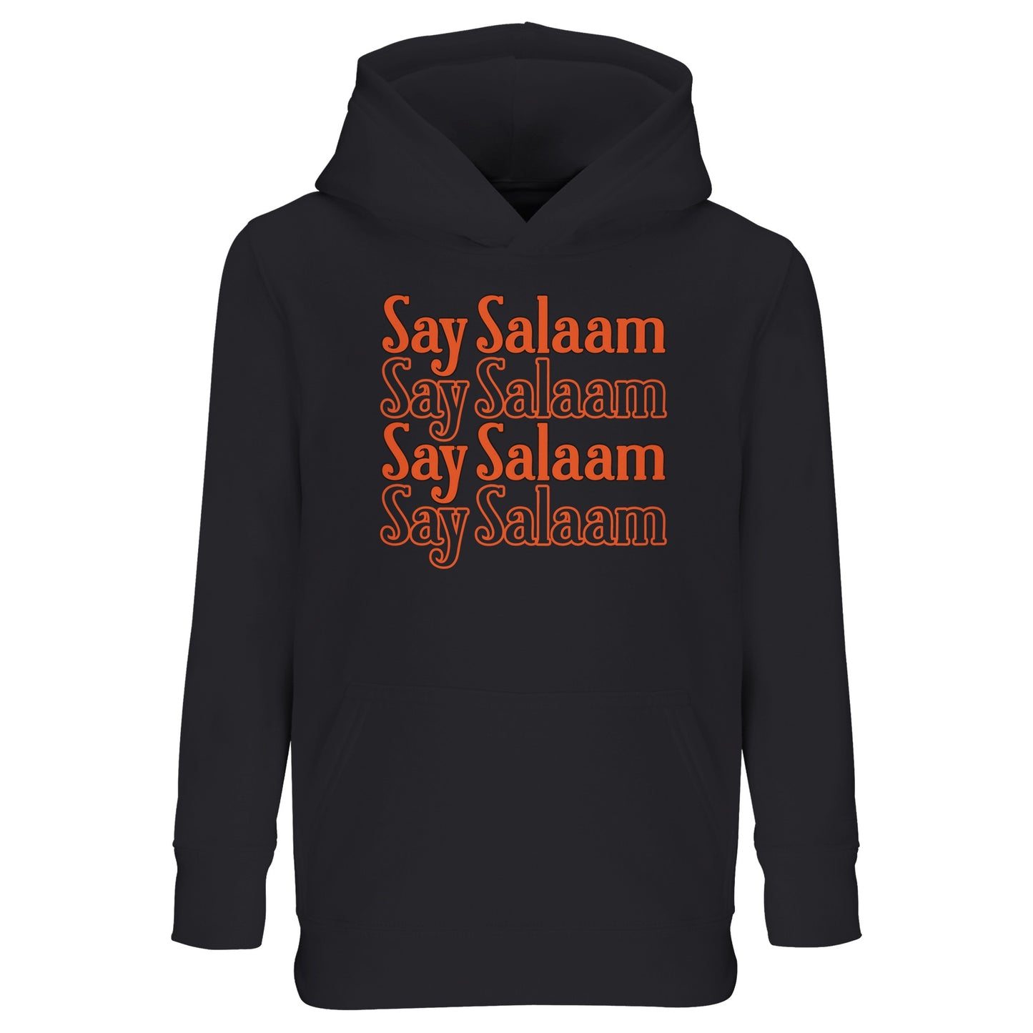 Black / Deep Black kids hoodie showcasing the Say Salaam 4-Line layered graphic in rich orange stacked typography. The four-line repetition creates a centred rectangular chest print with strong contrast and classic streetwear balance. Warm retro lettering glows against the dark base, giving depth and presence. Designed with brushed fleece comfort and relaxed structure, this modest Islamic hoodie suits playground wear, youth football sessions and confident everyday expression rooted in salaam culture.