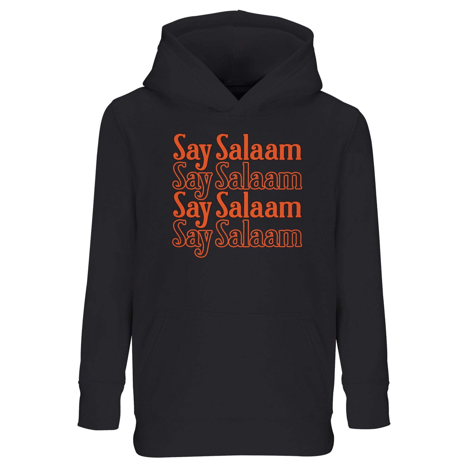 Black / Deep Black kids hoodie showcasing the Say Salaam 4-Line layered graphic in rich orange stacked typography. The four-line repetition creates a centred rectangular chest print with strong contrast and classic streetwear balance. Warm retro lettering glows against the dark base, giving depth and presence. Designed with brushed fleece comfort and relaxed structure, this modest Islamic hoodie suits playground wear, youth football sessions and confident everyday expression rooted in salaam culture.
