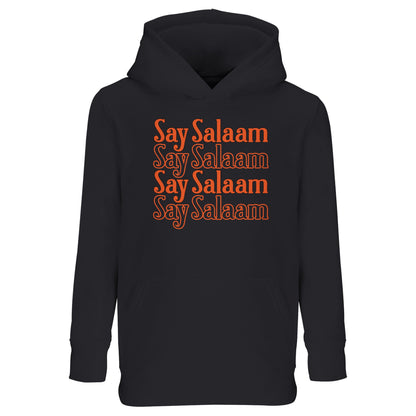 Black / Deep Black kids hoodie showcasing the Say Salaam 4-Line layered graphic in rich orange stacked typography. The four-line repetition creates a centred rectangular chest print with strong contrast and classic streetwear balance. Warm retro lettering glows against the dark base, giving depth and presence. Designed with brushed fleece comfort and relaxed structure, this modest Islamic hoodie suits playground wear, youth football sessions and confident everyday expression rooted in salaam culture.