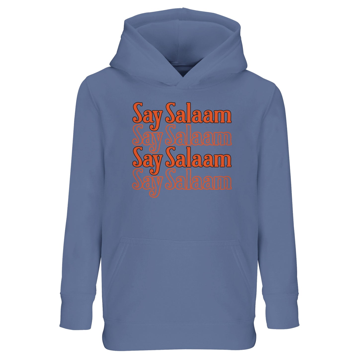 Blue / Marble Blue kids hoodie featuring the Say Salaam 4-Line stacked chest graphic in contrasting burnt orange lettering. The vertical repetition builds a bold rectangular print with clean alignment and playful movement across the torso. Cool blue fabric offsets the warm vintage typography, creating balanced visual energy. Soft brushed fleece lining adds warmth, making this modest Muslim hoodie perfect for school, training sessions, youth clubs and everyday streetwear with peaceful messaging.