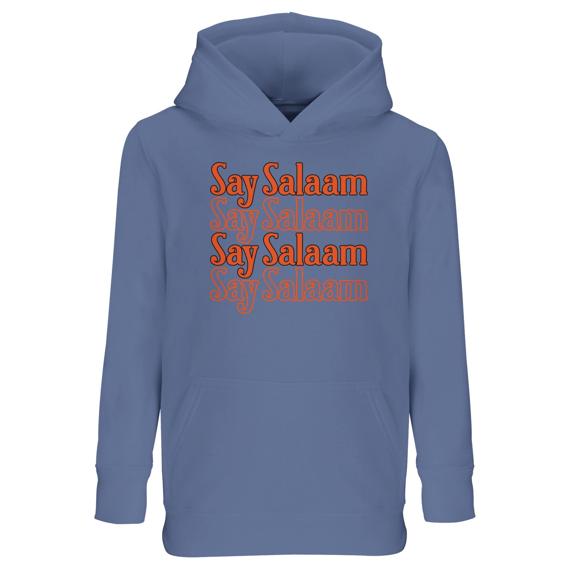 Blue / Marble Blue kids hoodie featuring the Say Salaam 4-Line stacked chest graphic in contrasting burnt orange lettering. The vertical repetition builds a bold rectangular print with clean alignment and playful movement across the torso. Cool blue fabric offsets the warm vintage typography, creating balanced visual energy. Soft brushed fleece lining adds warmth, making this modest Muslim hoodie perfect for school, training sessions, youth clubs and everyday streetwear with peaceful messaging.