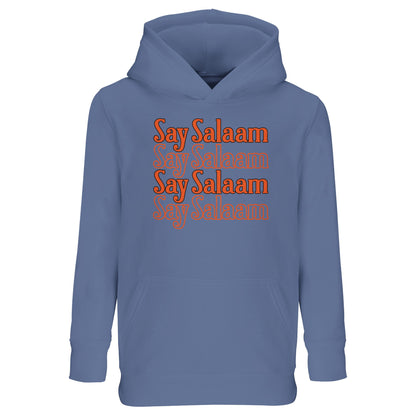 Blue / Marble Blue kids hoodie featuring the Say Salaam 4-Line stacked chest graphic in contrasting burnt orange lettering. The vertical repetition builds a bold rectangular print with clean alignment and playful movement across the torso. Cool blue fabric offsets the warm vintage typography, creating balanced visual energy. Soft brushed fleece lining adds warmth, making this modest Muslim hoodie perfect for school, training sessions, youth clubs and everyday streetwear with peaceful messaging.