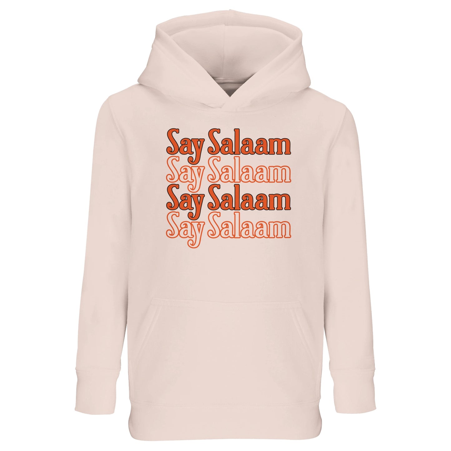 Creamy Pink / Oyster Pink kids hoodie showcasing the Say Salaam 4-Line stacked chest design in warm orange lettering. Four repeated Salaam lines form a neat vertical block graphic with soft retro tone and balanced spacing. Gentle pink base complements the warm typography, creating calm yet confident visual harmony. Finished with brushed fleece comfort, this modest hoodie suits Muslim boys and girls bringing peaceful greeting culture into school, sports and family life.