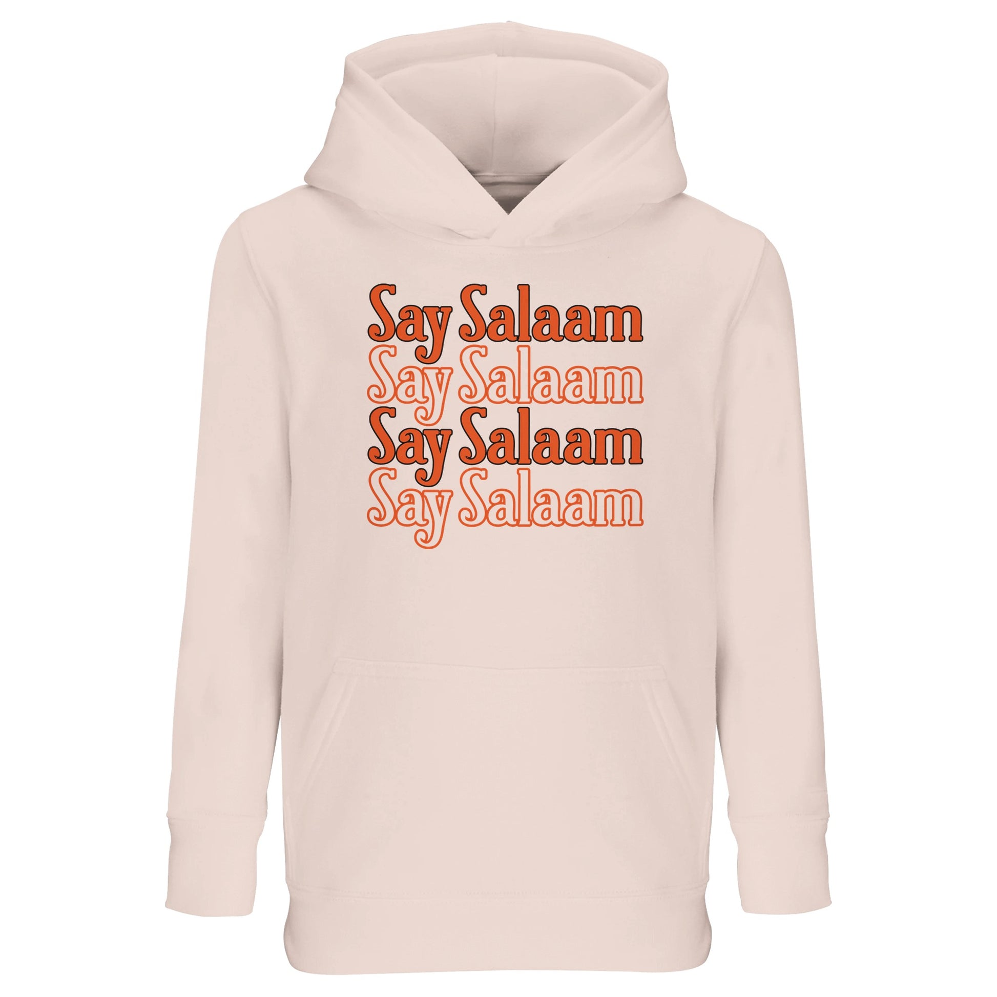 Creamy Pink / Oyster Pink kids hoodie showcasing the Say Salaam 4-Line stacked chest design in warm orange lettering. Four repeated Salaam lines form a neat vertical block graphic with soft retro tone and balanced spacing. Gentle pink base complements the warm typography, creating calm yet confident visual harmony. Finished with brushed fleece comfort, this modest hoodie suits Muslim boys and girls bringing peaceful greeting culture into school, sports and family life.