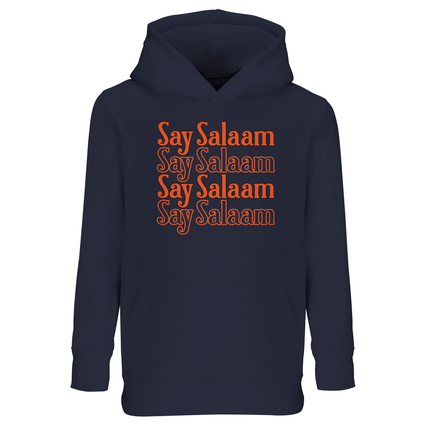 French Navy / Ebony Clay kids hoodie with Say Salaam 4-Line stacked typographic design in warm orange tones. Four repeated lines form a structured central block graphic, creating depth and symmetry against the deep navy base. The contrast delivers a classic retro sport aesthetic with modern modest identity. Brushed fleece interior supports comfort and warmth, ideal for cooler match days, mosque visits and everyday Muslim youth street style grounded in positive greeting culture.