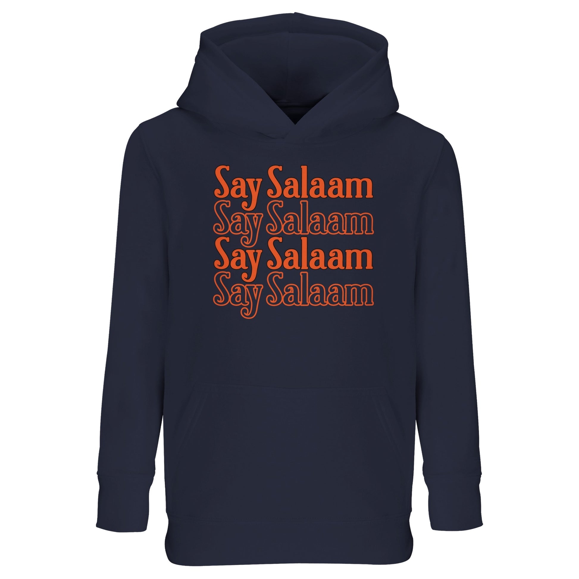 French Navy / Ebony Clay kids hoodie with Say Salaam 4-Line stacked typographic design in warm orange tones. Four repeated lines form a structured central block graphic, creating depth and symmetry against the deep navy base. The contrast delivers a classic retro sport aesthetic with modern modest identity. Brushed fleece interior supports comfort and warmth, ideal for cooler match days, mosque visits and everyday Muslim youth street style grounded in positive greeting culture.