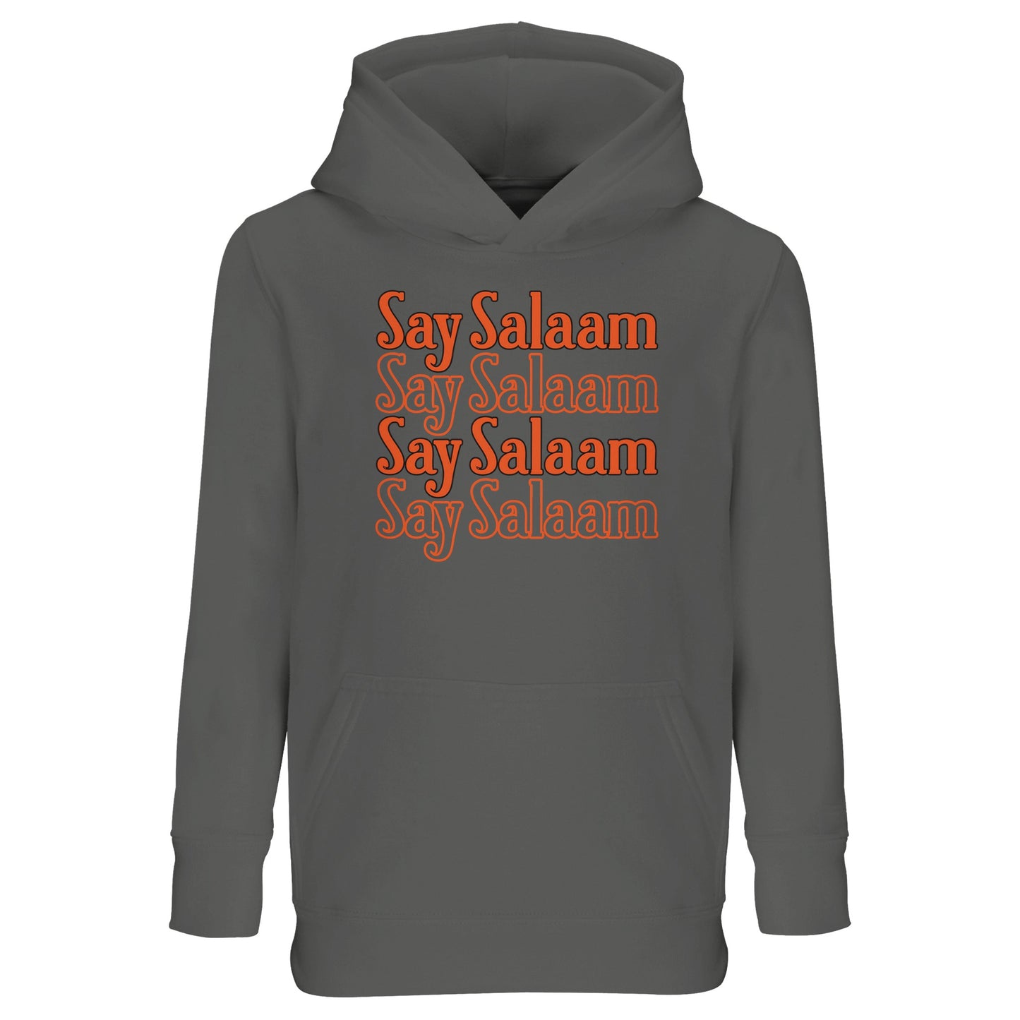 Grey Melange / Heather Grey kids hoodie featuring the Say Salaam 4-Line repeated chest graphic in bold burnt orange script. The stacked four-line format creates vertical balance and strong central framing across the marl base. Subtle grey texture softens the vibrant lettering, giving vintage athletic tone with contemporary clarity. Comfortable brushed fleece interior makes this modest hoodie suitable for school, football practice and everyday Islamic streetwear expression.