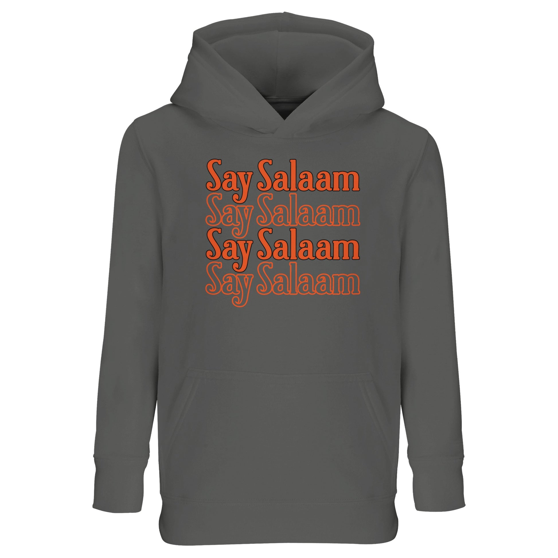 Grey Melange / Heather Grey kids hoodie featuring the Say Salaam 4-Line repeated chest graphic in bold burnt orange script. The stacked four-line format creates vertical balance and strong central framing across the marl base. Subtle grey texture softens the vibrant lettering, giving vintage athletic tone with contemporary clarity. Comfortable brushed fleece interior makes this modest hoodie suitable for school, football practice and everyday Islamic streetwear expression.