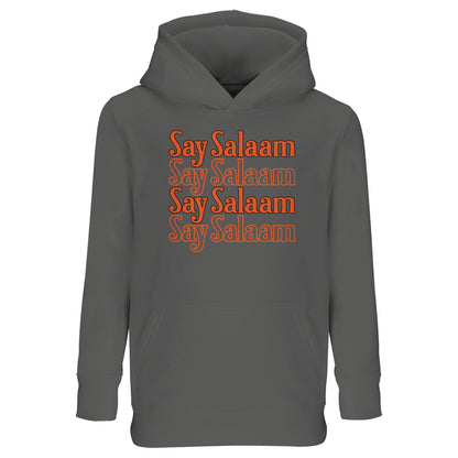 Grey Melange / Heather Grey kids hoodie featuring the Say Salaam 4-Line repeated chest graphic in bold burnt orange script. The stacked four-line format creates vertical balance and strong central framing across the marl base. Subtle grey texture softens the vibrant lettering, giving vintage athletic tone with contemporary clarity. Comfortable brushed fleece interior makes this modest hoodie suitable for school, football practice and everyday Islamic streetwear expression.