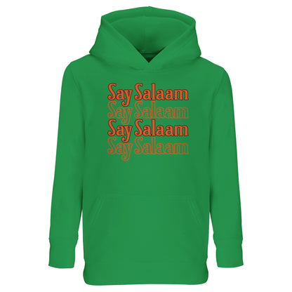 Kelly Green / Spring Green kids hoodie displaying the Say Salaam 4-Line stacked typographic design in rich orange tone. Four aligned Salaam lines create a confident rectangular chest print with energetic colour contrast. The vivid green base amplifies the warmth of the lettering, producing lively sport-inspired balance. Brushed fleece lining enhances comfort, making this modest Muslim hoodie ideal for active children who carry positive greeting culture into school and football sessions.