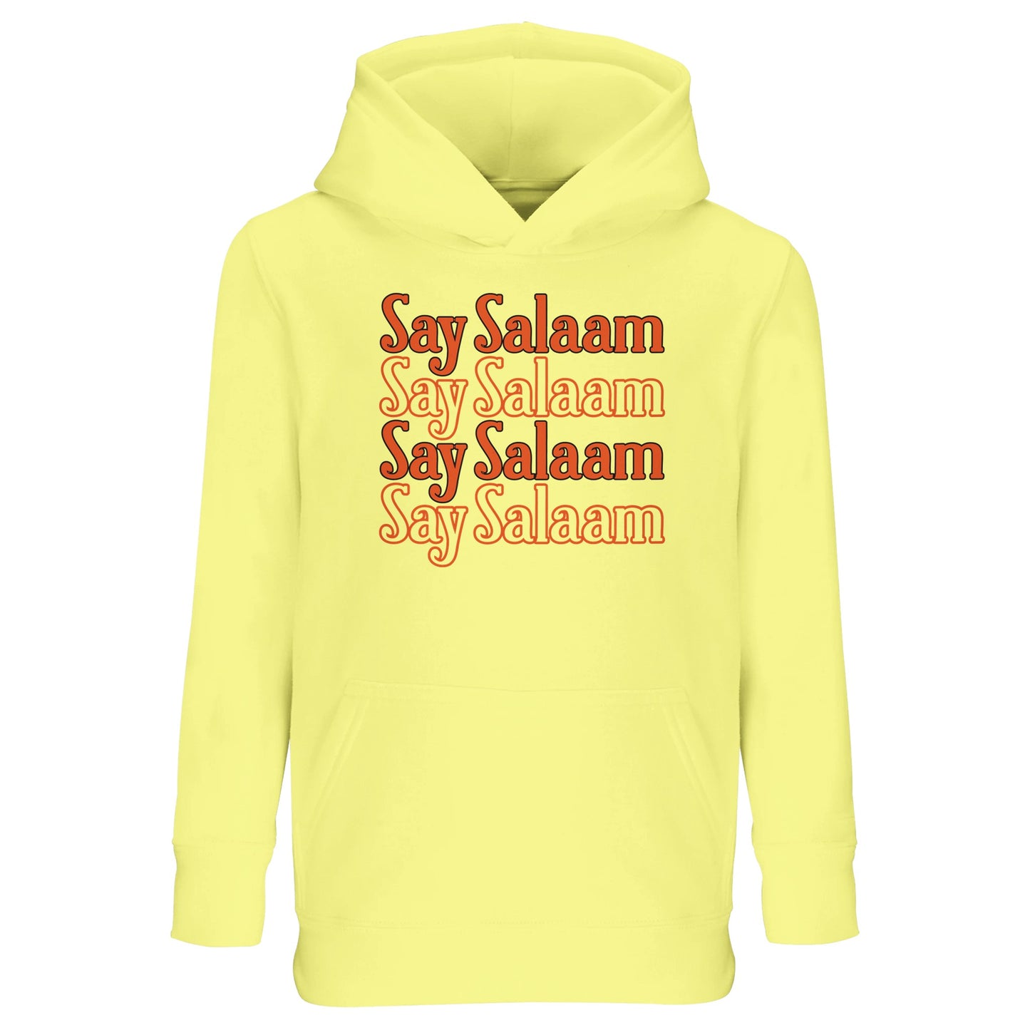 Light Yellow / Lemon Chiffon kids hoodie featuring Say Salaam 4-Line stacked greeting typography in warm burnt orange shade. The four repeated lines build a bright centred block graphic with playful retro character. Soft yellow base lightens the bold lettering, creating cheerful contrast and youthful tone. Comfortable brushed fleece interior supports daily wear, making this modest Islamic hoodie ideal for school days, sports training and confident expression through salaam culture.