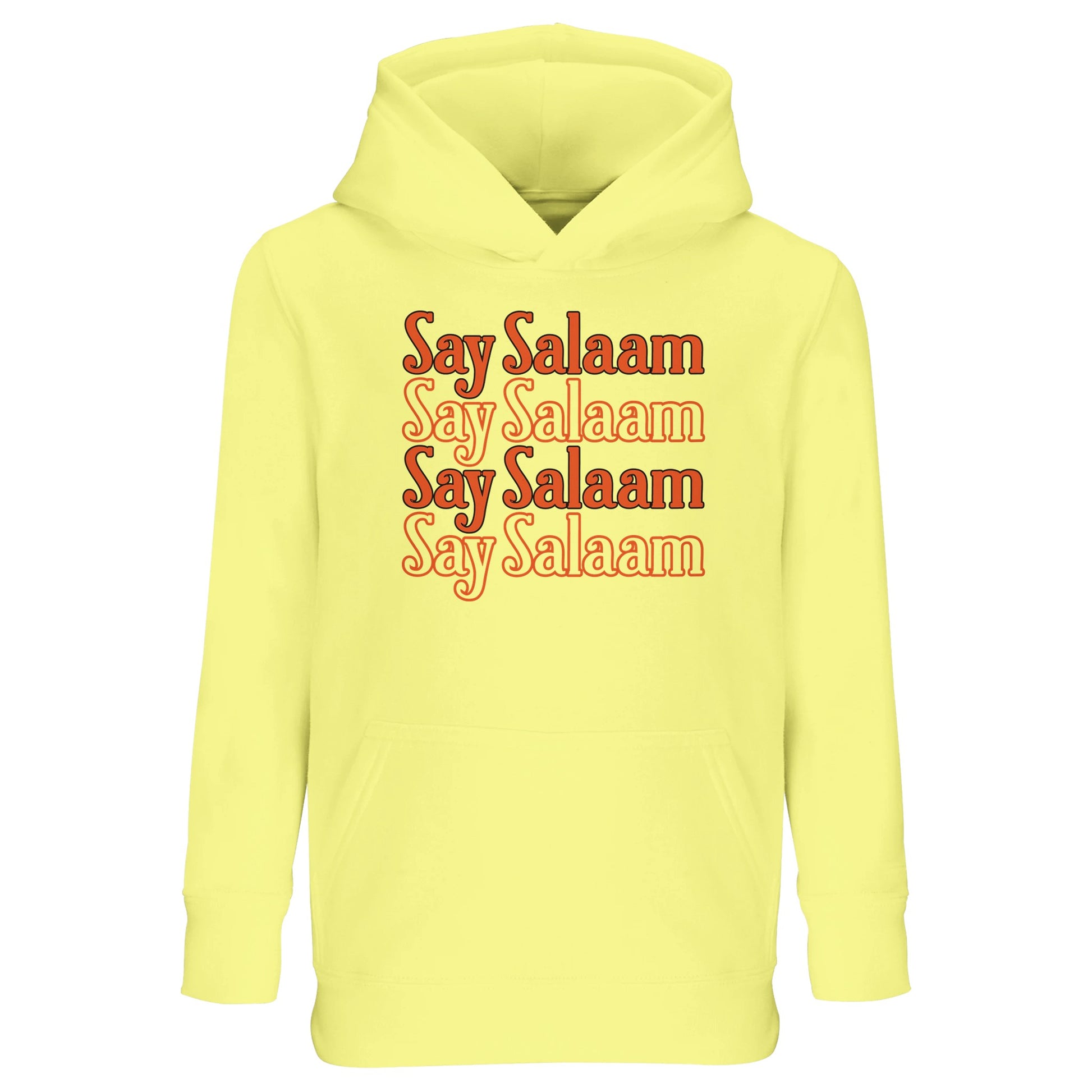 Light Yellow / Lemon Chiffon kids hoodie featuring Say Salaam 4-Line stacked greeting typography in warm burnt orange shade. The four repeated lines build a bright centred block graphic with playful retro character. Soft yellow base lightens the bold lettering, creating cheerful contrast and youthful tone. Comfortable brushed fleece interior supports daily wear, making this modest Islamic hoodie ideal for school days, sports training and confident expression through salaam culture.