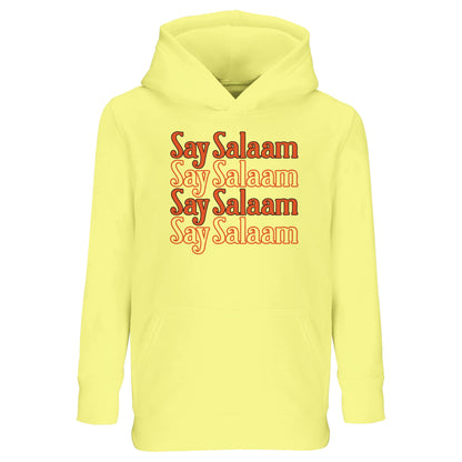 Light Yellow / Lemon Chiffon kids hoodie featuring Say Salaam 4-Line stacked greeting typography in warm burnt orange shade. The four repeated lines build a bright centred block graphic with playful retro character. Soft yellow base lightens the bold lettering, creating cheerful contrast and youthful tone. Comfortable brushed fleece interior supports daily wear, making this modest Islamic hoodie ideal for school days, sports training and confident expression through salaam culture.