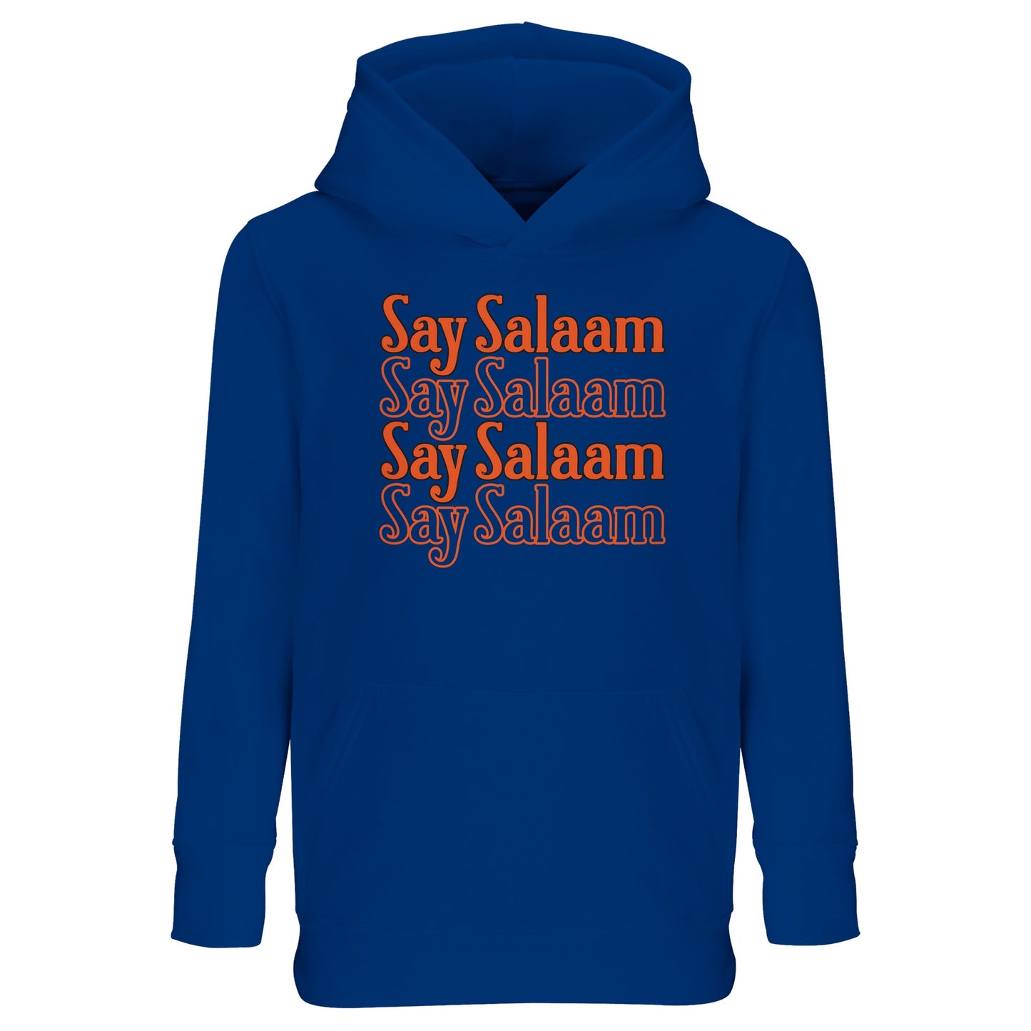 Royal Blue / Dark Midnight Blue kids hoodie with Say Salaam 4-Line repeated typographic graphic in strong orange tone. The stacked four-line layout creates structured vertical balance across the chest, delivering bold sport-inspired symmetry. Deep blue fabric intensifies the warmth of the lettering for high-contrast impact. Brushed fleece interior ensures comfort and durability, perfect for Muslim youth footballers and everyday modest streetwear rooted in positive greeting identity.